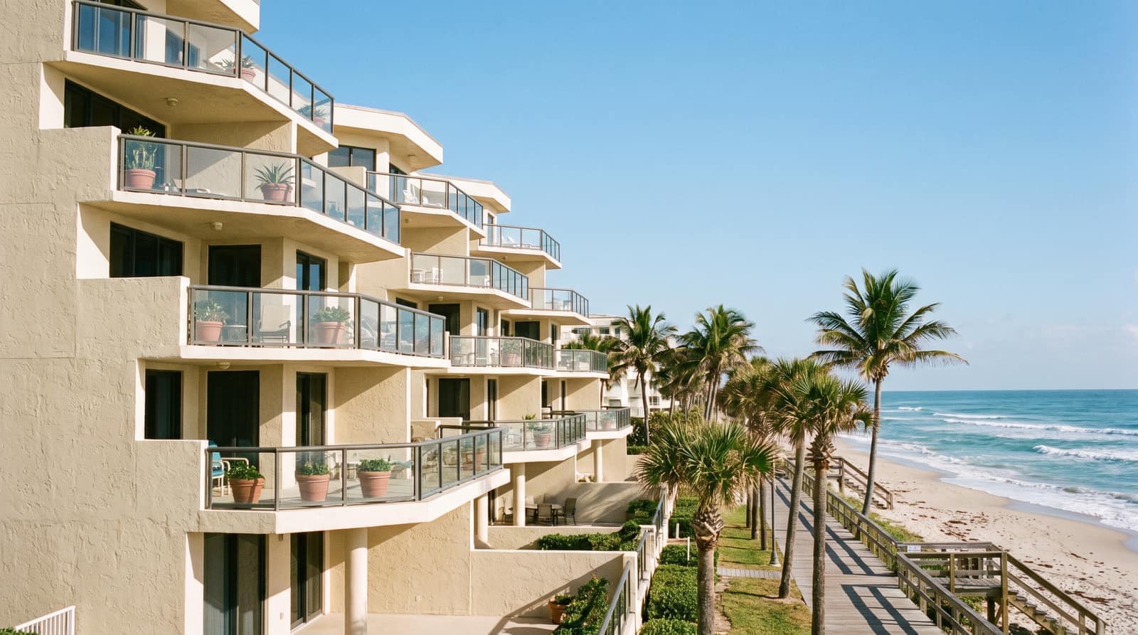 A Florida oceanfront mid-rise condominium building with tiered balconies facing the Atlantic, palms and a boardwalk in front