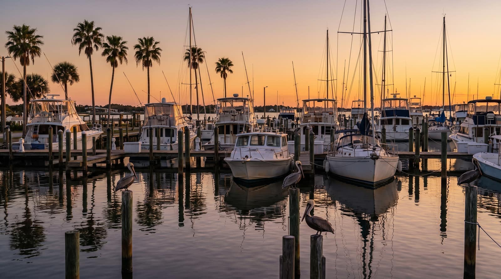 A Florida port marina at golden hour with charter fishing boats and sailboats docked in calm water