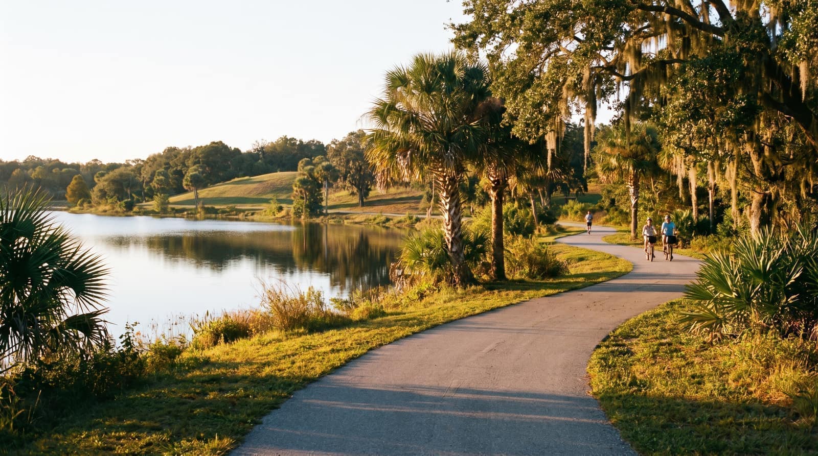 A paved lakeside recreation trail beside a large Central Florida lake at sunrise with rolling hills