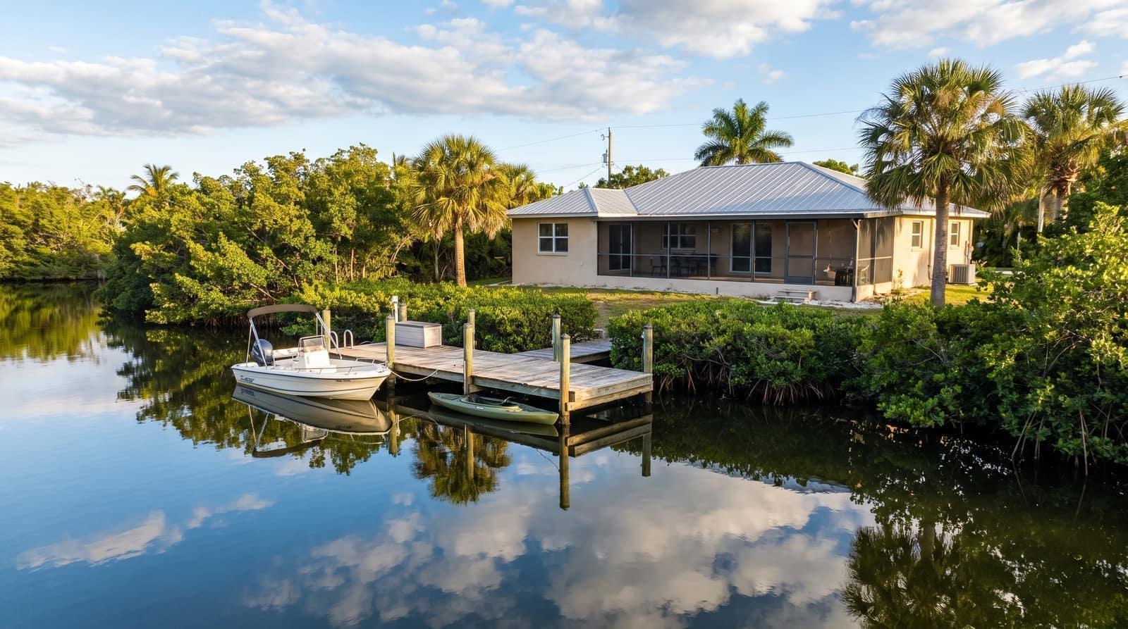 A single-story Florida canal-front home on the back side of a barrier island with a private dock and kayak