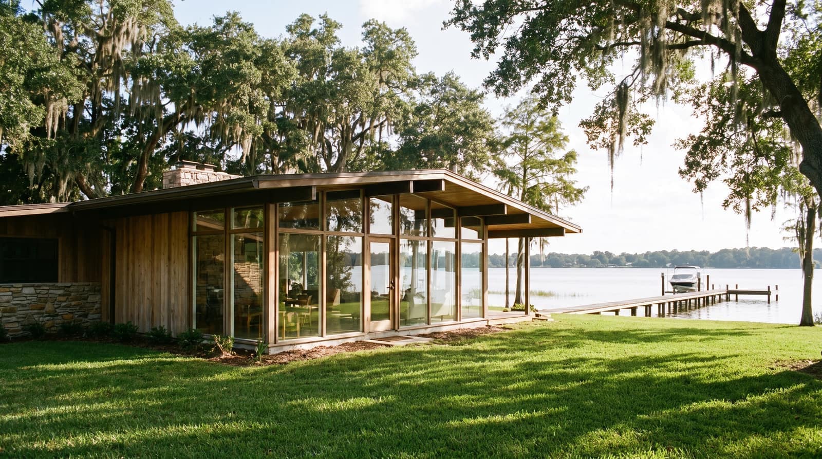 An updated mid-century Florida lakefront home with large windows and a private dock on a calm lake