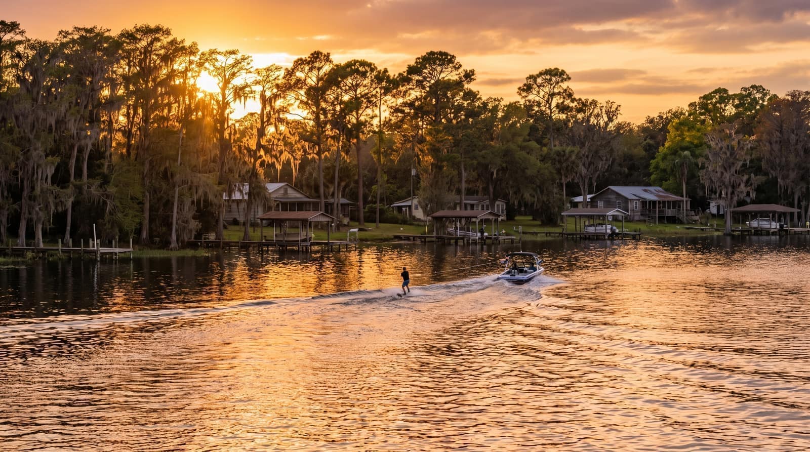 A ski boat and wakeboarder on a calm Central Florida lake at golden hour with homes along the shore