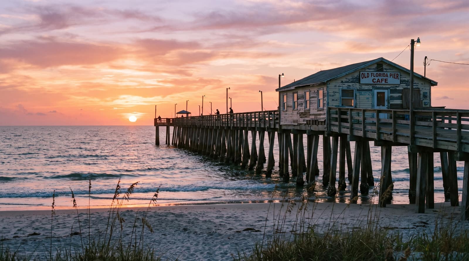 A long ocean fishing pier in Florida at sunset with a small restaurant at its end and gentle surf