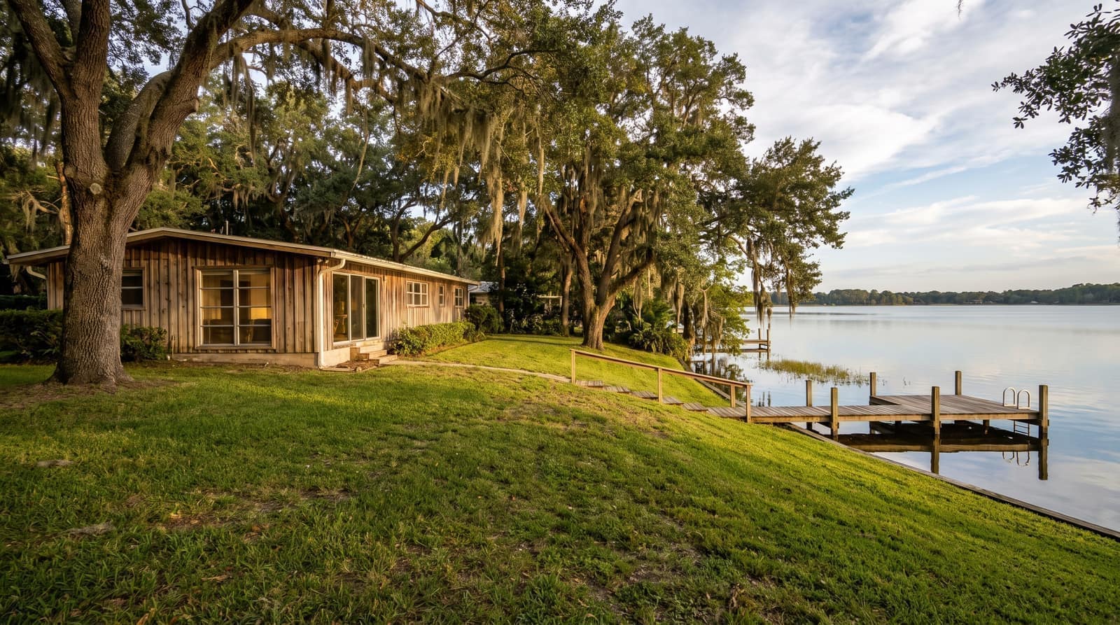 A charming mid-century Florida lake cottage with a private dock on a large calm lake among oak trees