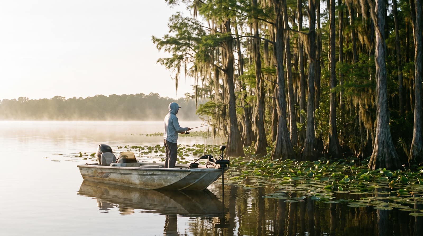 A bass fishing boat on a large calm Florida lake near cypress trees and lily pads at dawn