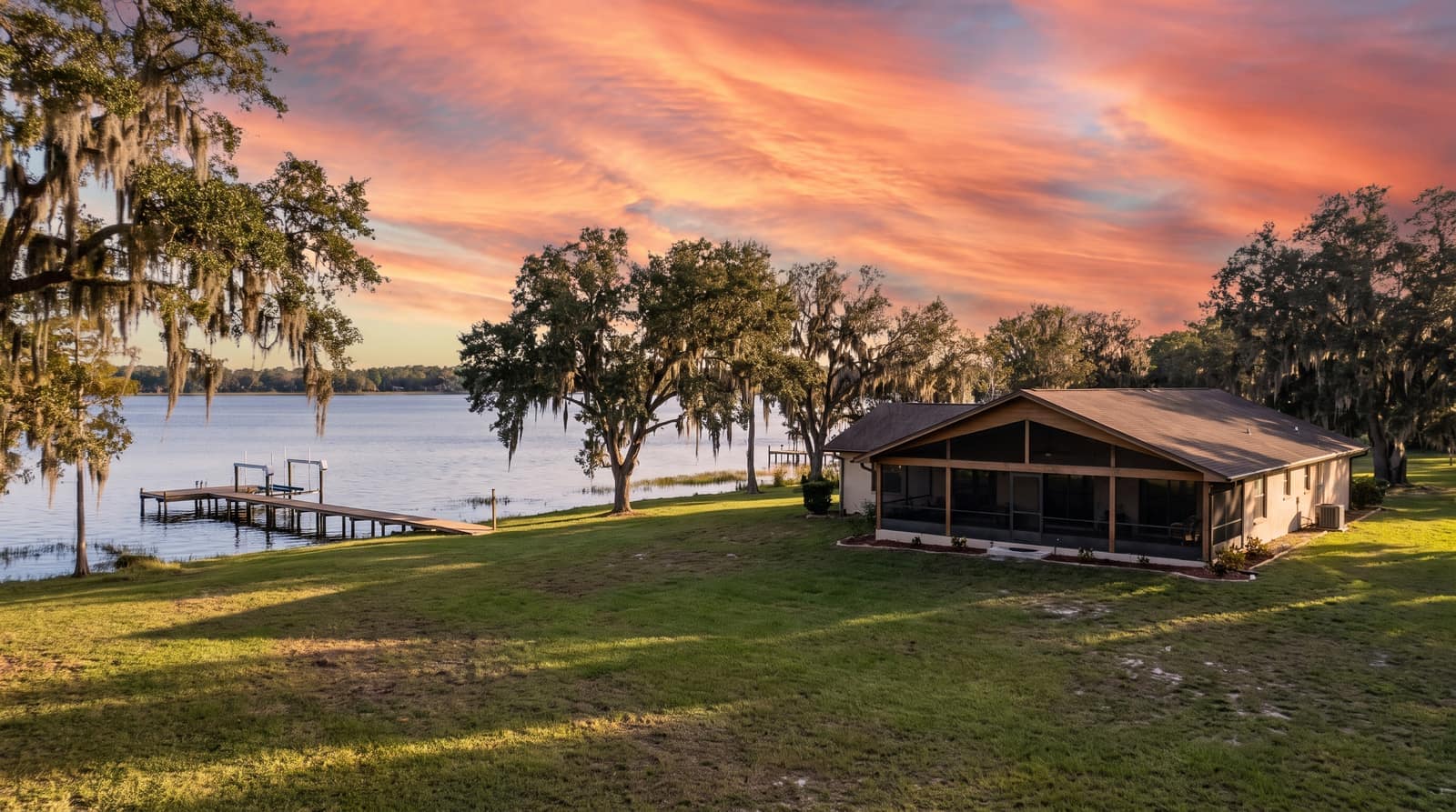 A single-story Florida ranch-style lakefront home on a large grassy lot with a dock on a wide open lake