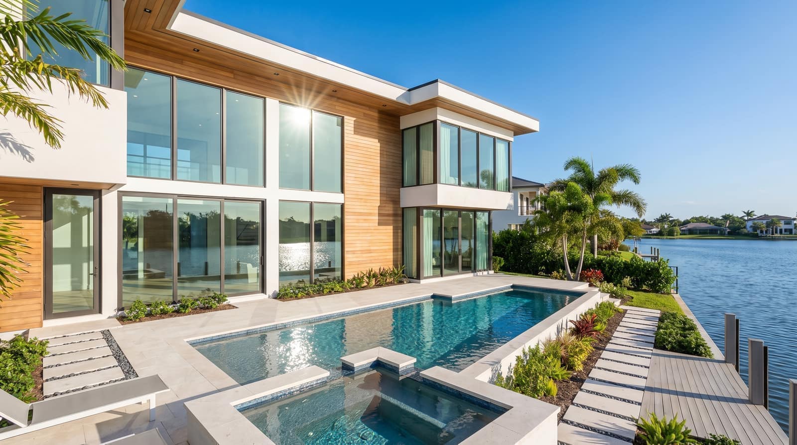 A sleek contemporary two-story Florida home with large glass windows overlooking a calm lake