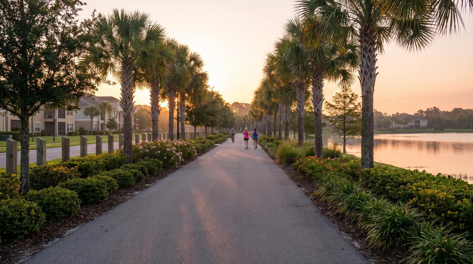 A wide paved lakeside trail in a modern Florida community at sunrise with manicured landscaping and young palms