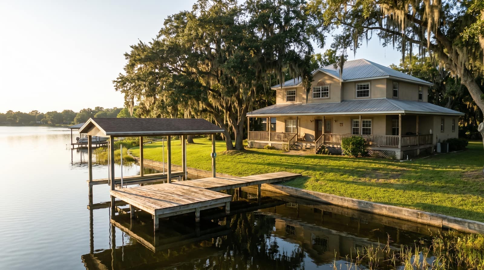 An established two-story Florida lakefront home with a private dock and boathouse on a calm lake among oaks