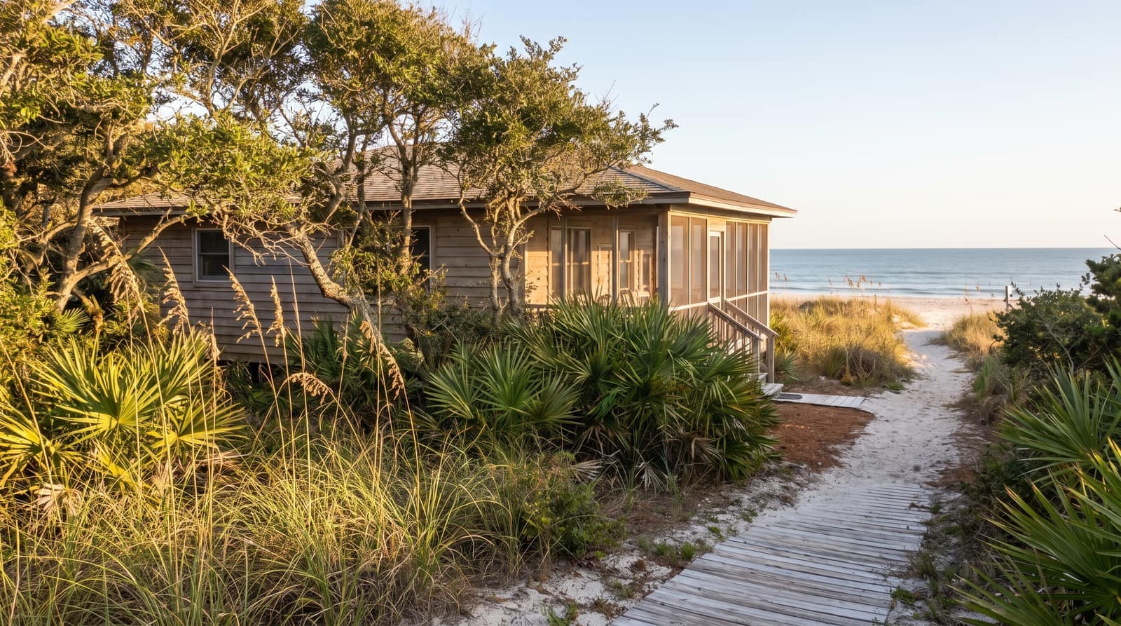 A relaxed single-story Florida beach house tucked behind natural dune vegetation and palms with a sandy path to the beach