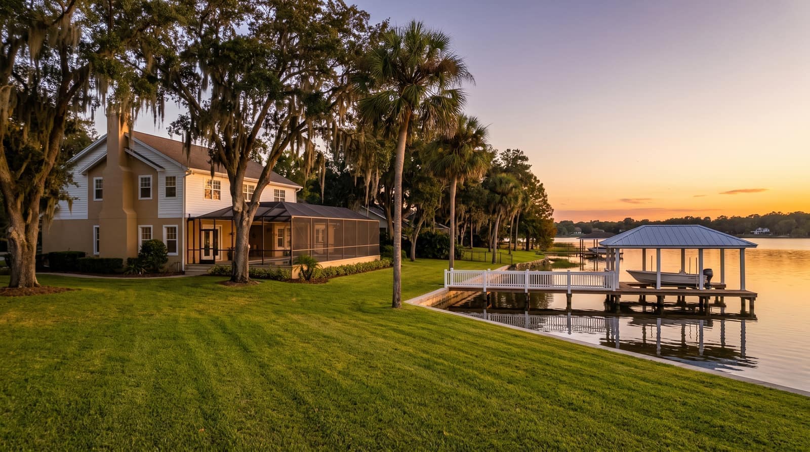 A Central Florida lakefront home with a covered boat lift and dock on a calm lake at sunset