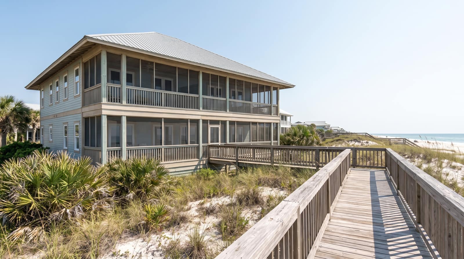 A two-story Florida beach house with a metal roof and porches behind the dune line with sea oats and a boardwalk