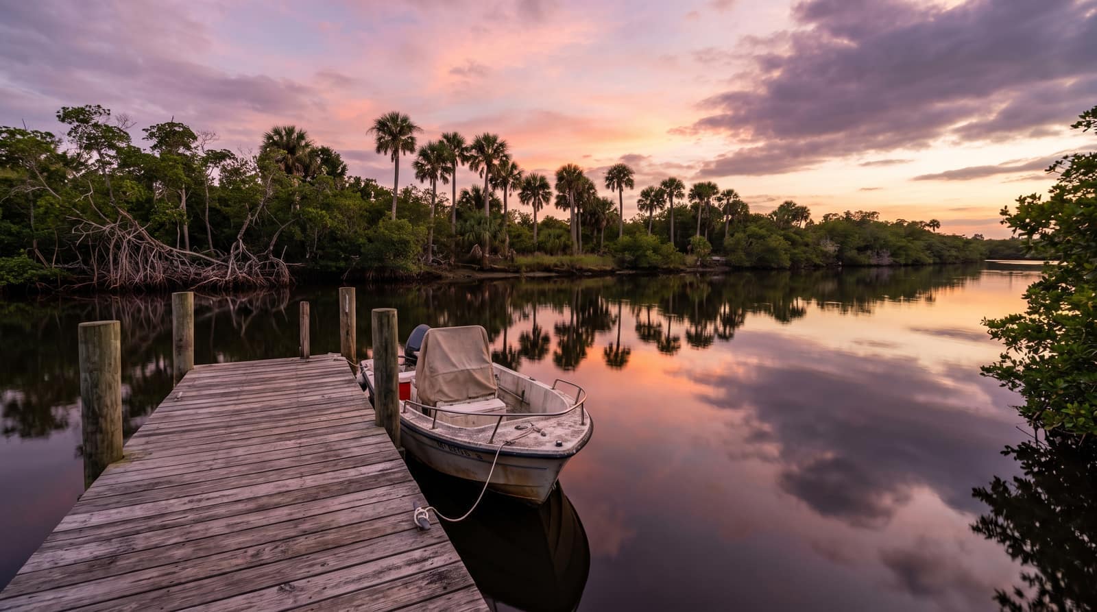 A calm Florida intracoastal river at sunset with a wooden dock, a small boat, and mangroves along the bank