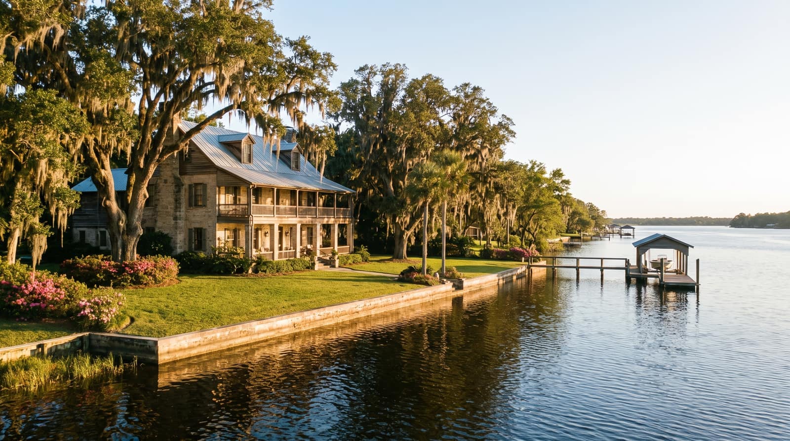 A stately historic Florida riverfront estate among live oaks with a private dock on a wide calm intracoastal river