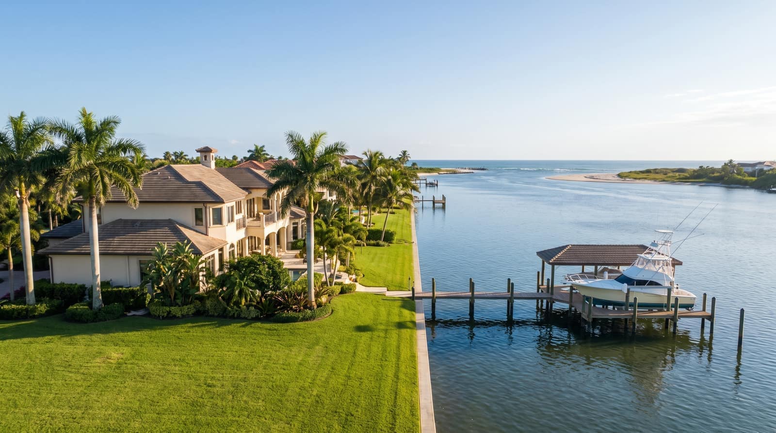 An upscale coastal Florida home on a wide intracoastal river with a private deep-water dock and a sport-fishing boat on a lift