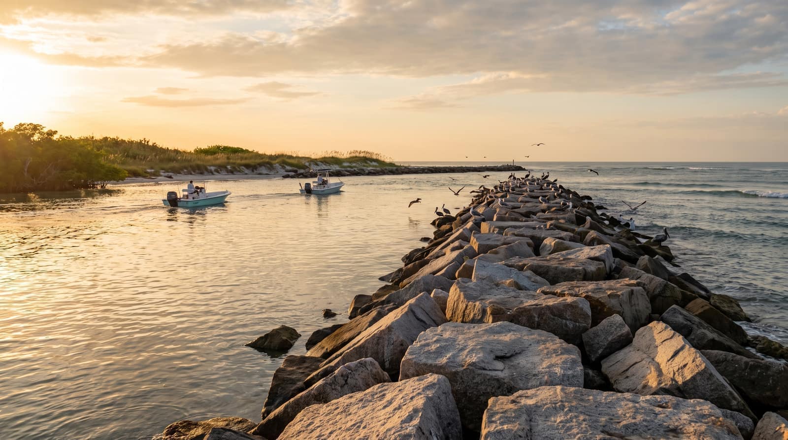 A Florida coastal inlet at golden hour with a rock jetty and boats heading out toward the open Atlantic