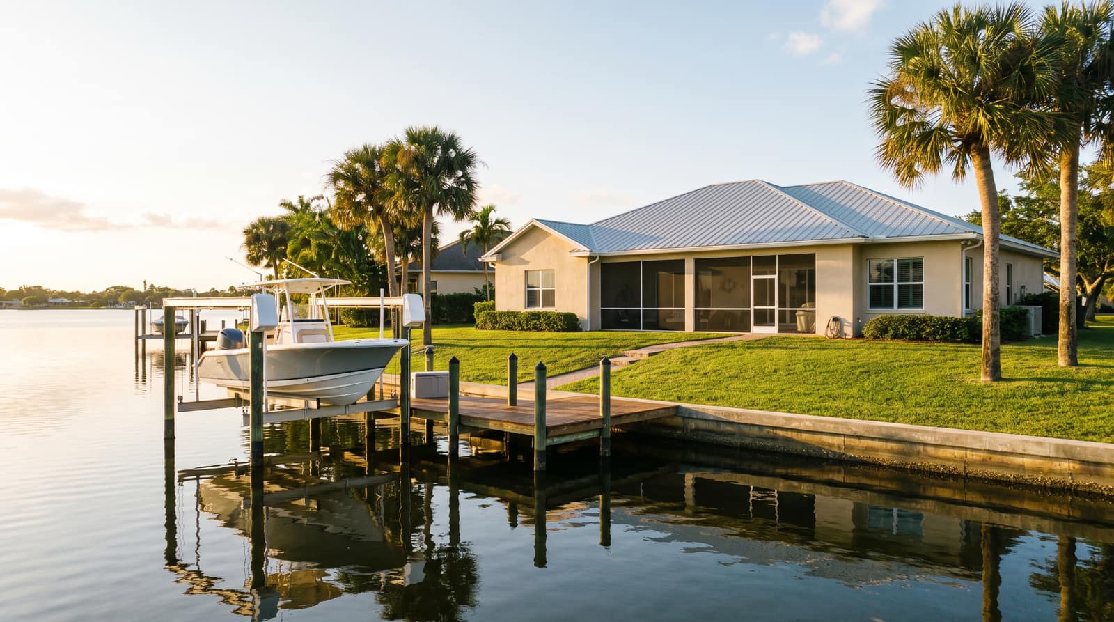 A single-story Florida home on the Indian River Lagoon with a private dock and boat lift, palms, and a green lawn
