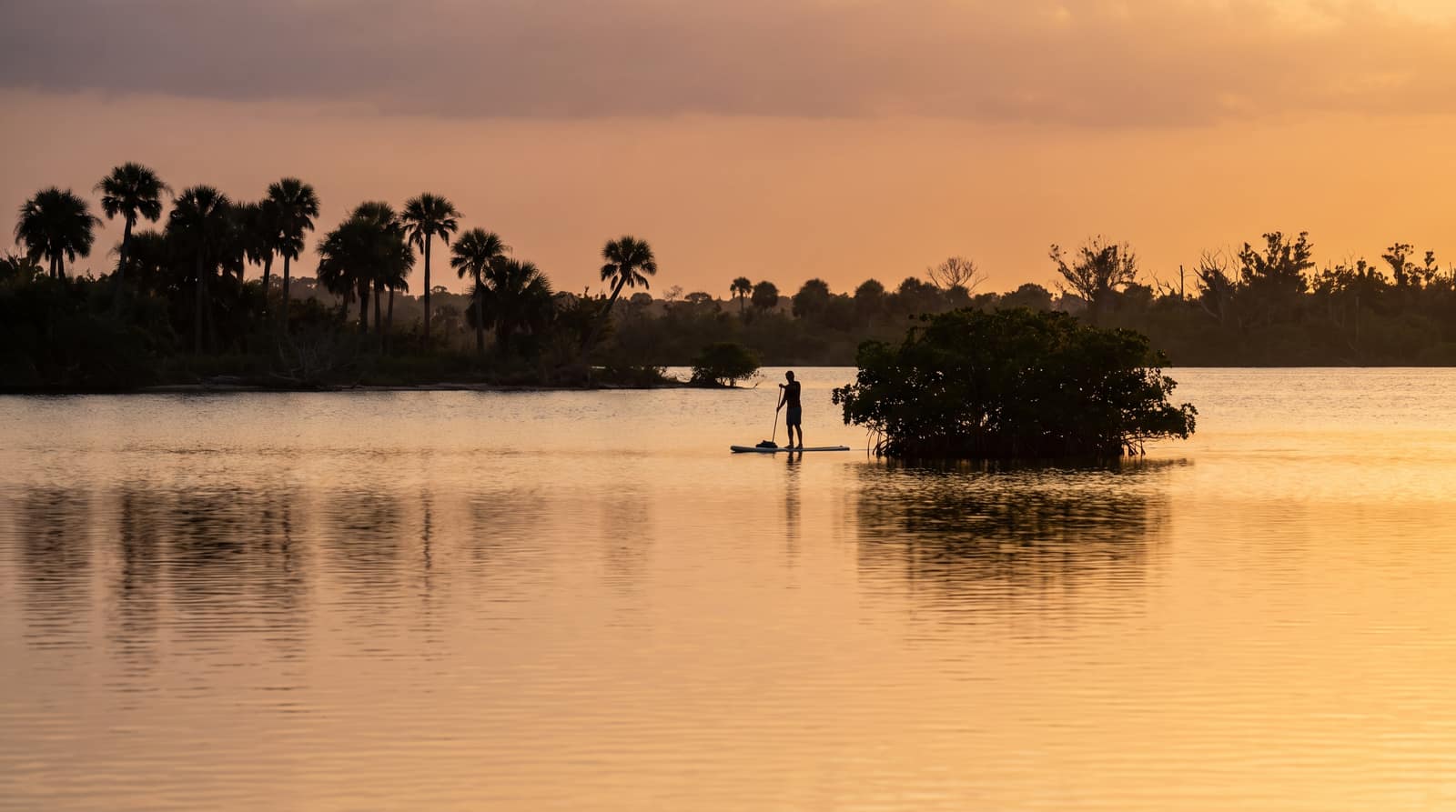 The calm Indian River Lagoon at golden hour with a paddleboarder in the distance near a small mangrove island