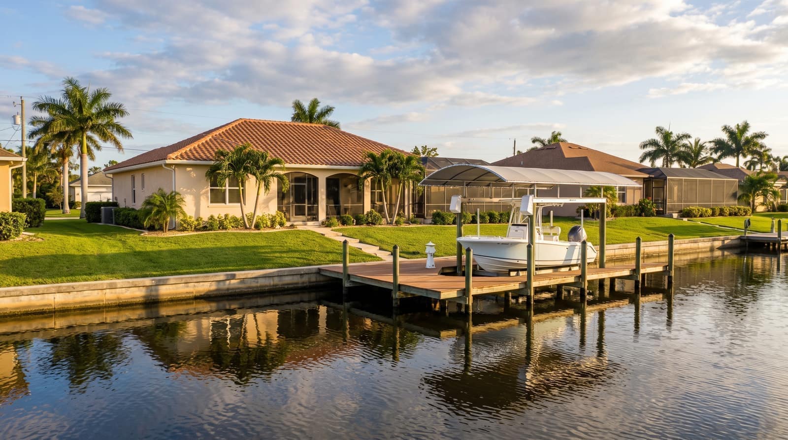 A single-story Florida lakefront home on a navigable canal with a private dock and covered boat lift