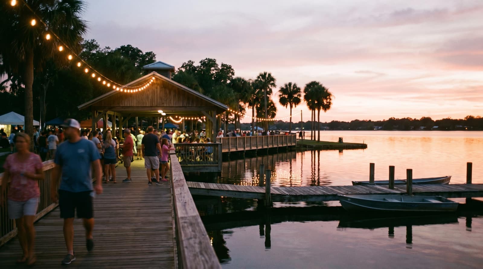 A small-town lakefront park at dusk with a boardwalk, pavilion, string lights, and boats at a dock