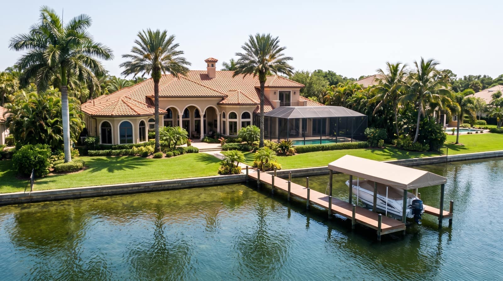 An upscale Mediterranean-style Florida lakefront estate with a private dock and boat lift on a clear lake
