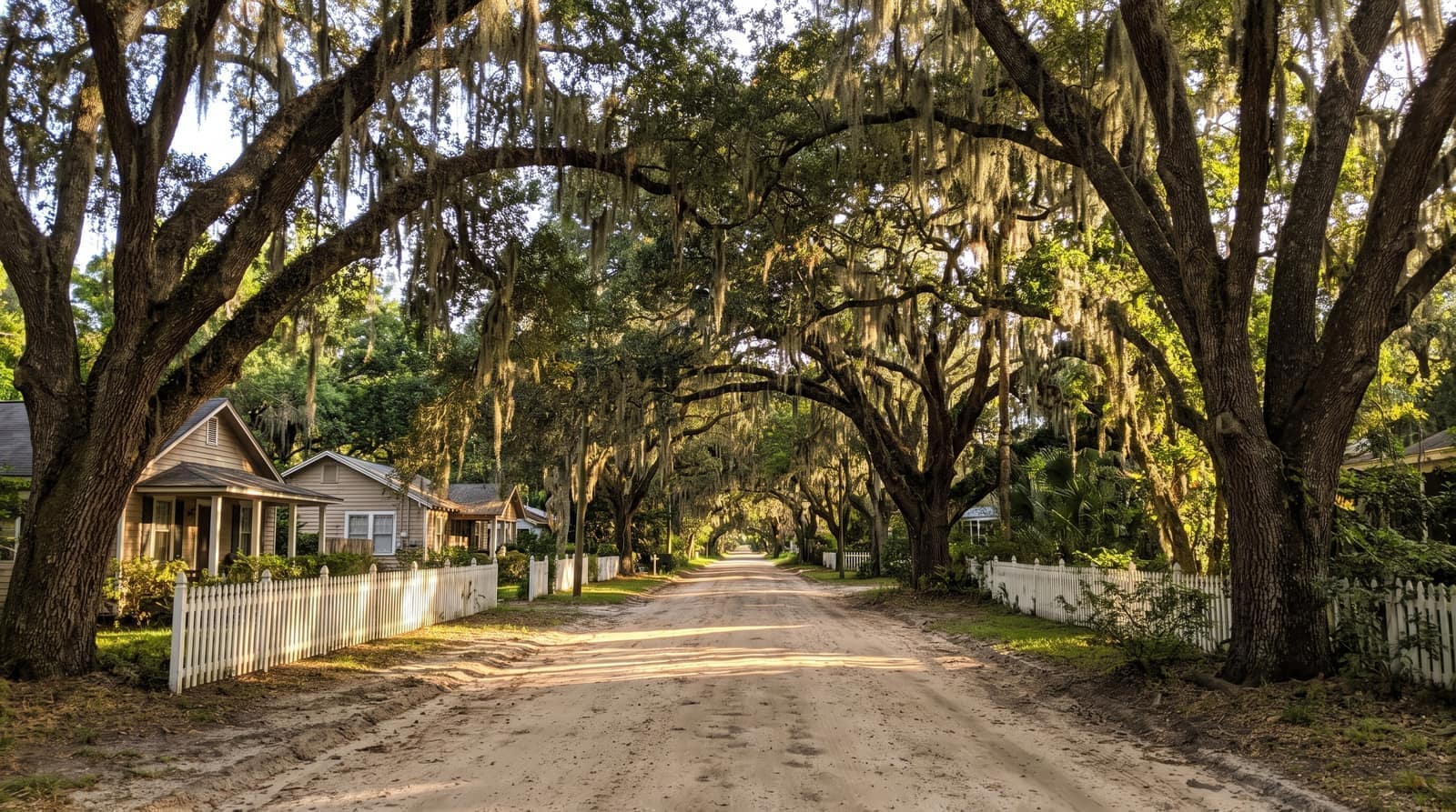 A quiet Windermere street under a canopy of enormous live oak trees draped in Spanish moss