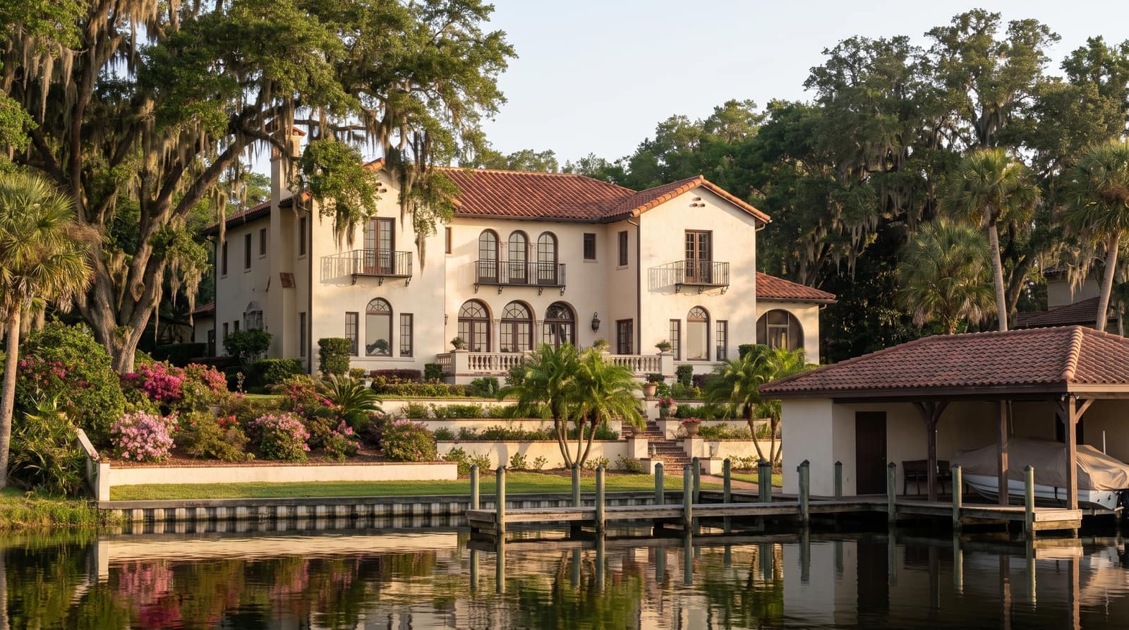 An elegant 1920s Mediterranean-revival lakefront home with a boathouse on a calm Central Florida lake