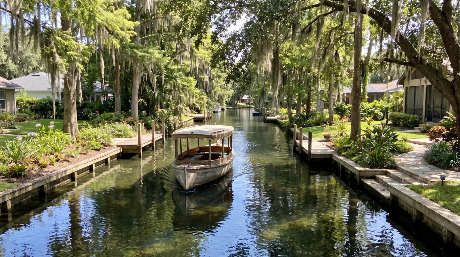 A small open tour boat passing through a narrow tree-lined canal connecting two Winter Park lakes